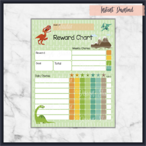 mh design studio reward chart chore tracking dinosaurs teaching kids children responsibility accountability instant download printable diy