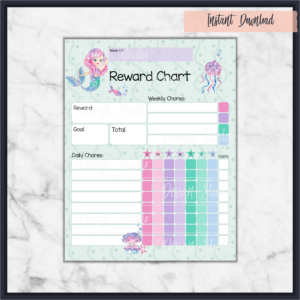 mh design studio reward chart chore tracking mermaid teaching kids children responsibility accountability instant download printable diy
